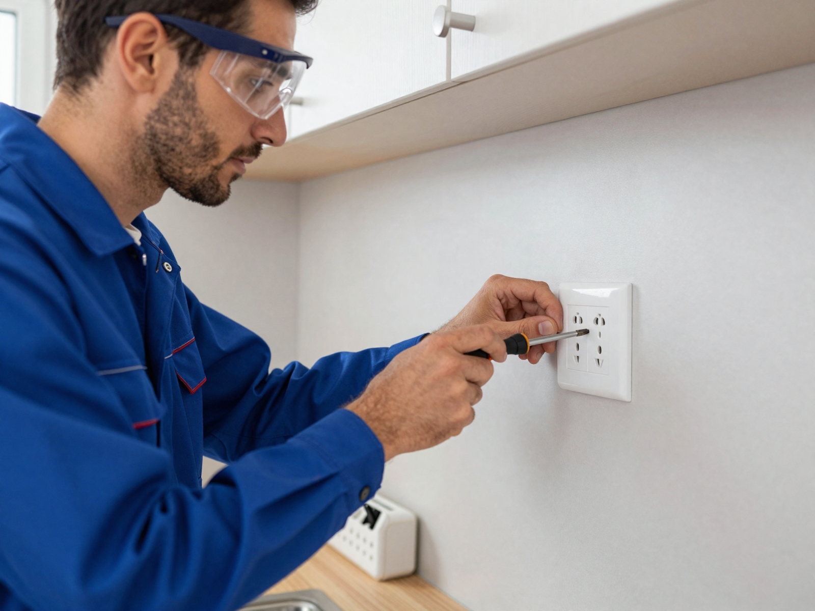 Electrician installing new electrical outlet in residential kitchen