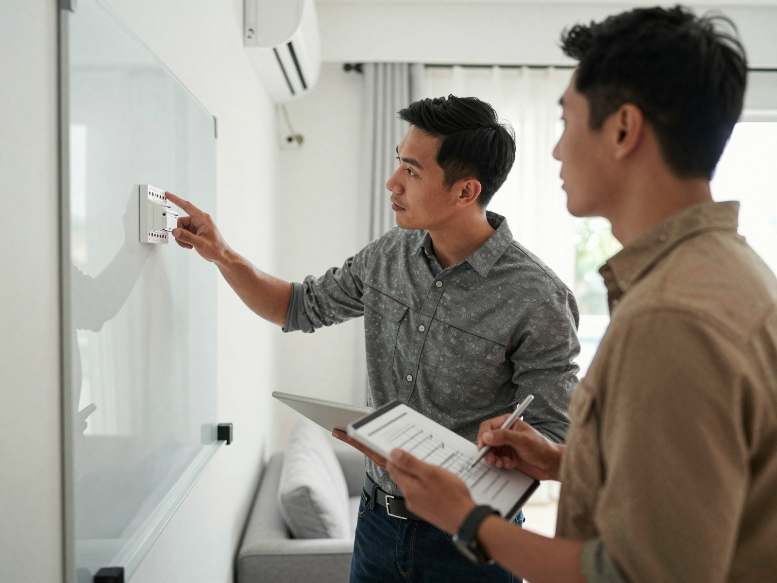 Professional electrician consulting with homeowner on lighting solutions